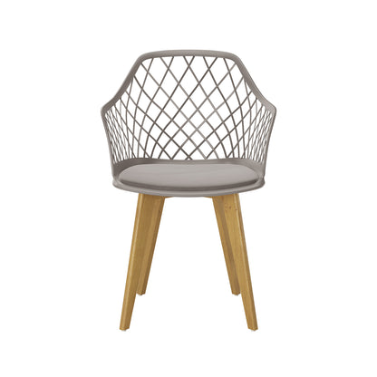 Caesar Beech Wood Dining Chair Grey Set of 6, featuring a close-up of a cushion and metal grid design, showcases a sturdy beech wood frame and padded seat for dining comfort.