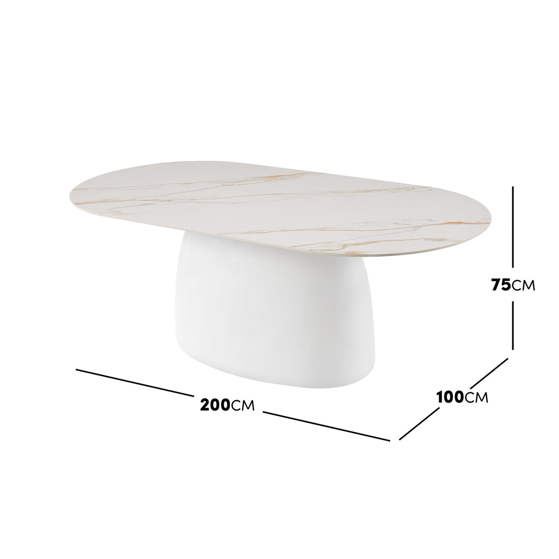 Modern oval marble-look table on a white background with dimension measurements shown