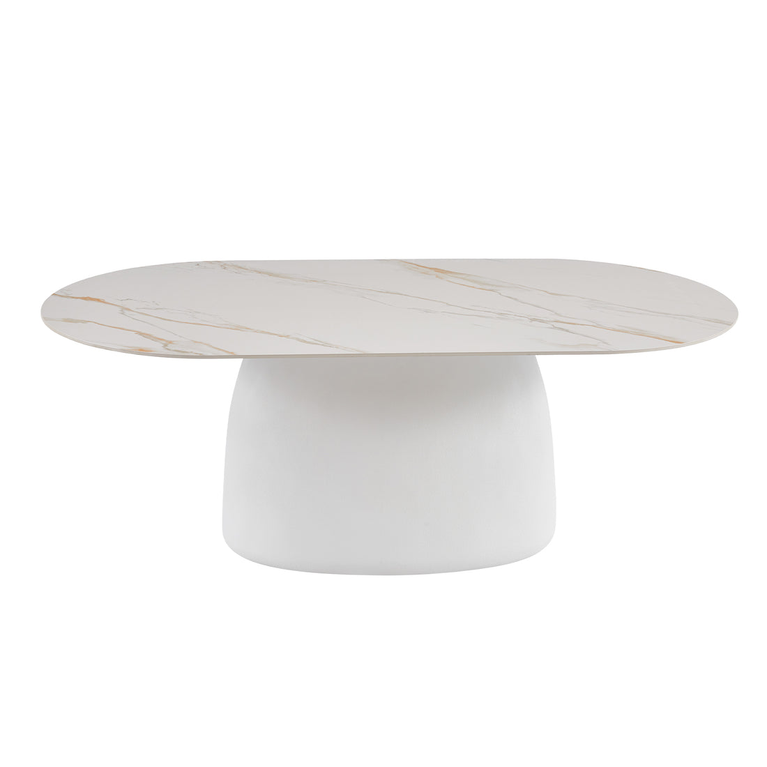 Modern oval coffee table with white marble-look top and rounded base on a white background