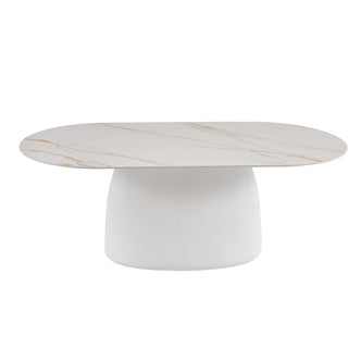 Modern oval coffee table with white marble-look top and rounded base on a white background