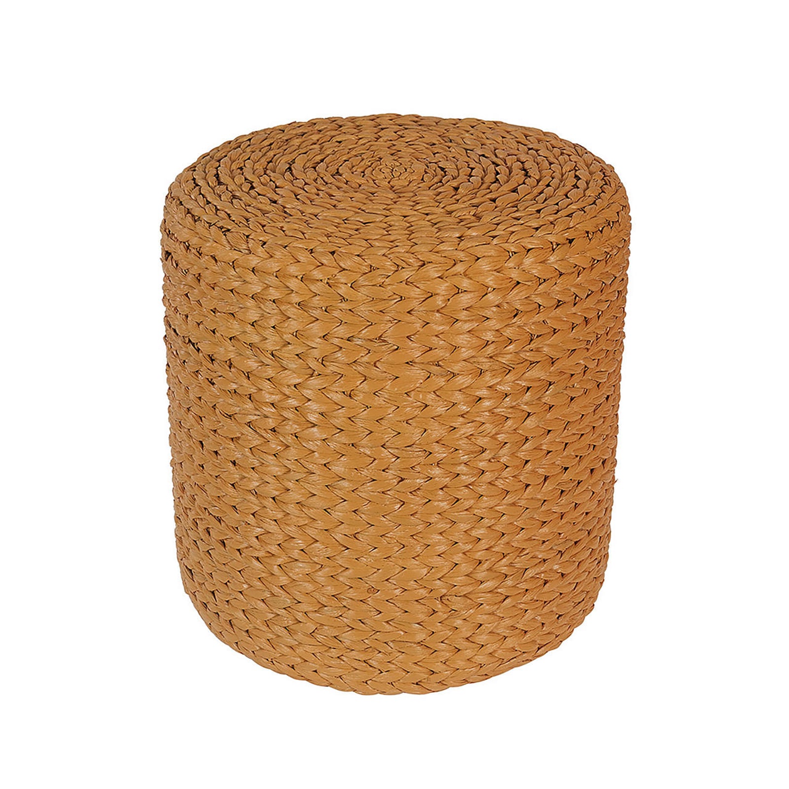 Carla 40cm Water Hyacinth Pouffe Ottoman - Honey, a small, cylindrical ottoman made of natural braided fibers, ideal for bohemian interiors, serving as a seat, footrest, or coffee table.