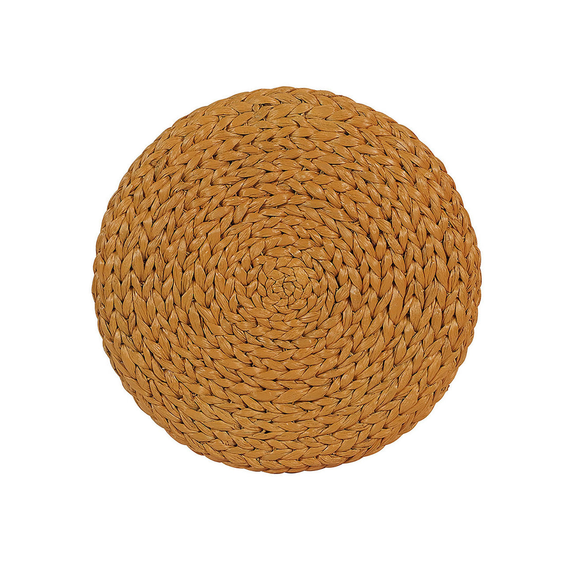 Carla 40cm Water Hyacinth Pouffe Ottoman - Honey, featuring a round, braided natural-fiber design, showcasing intricate weaving patterns, ideal for versatile use as a footrest, seat, or table.