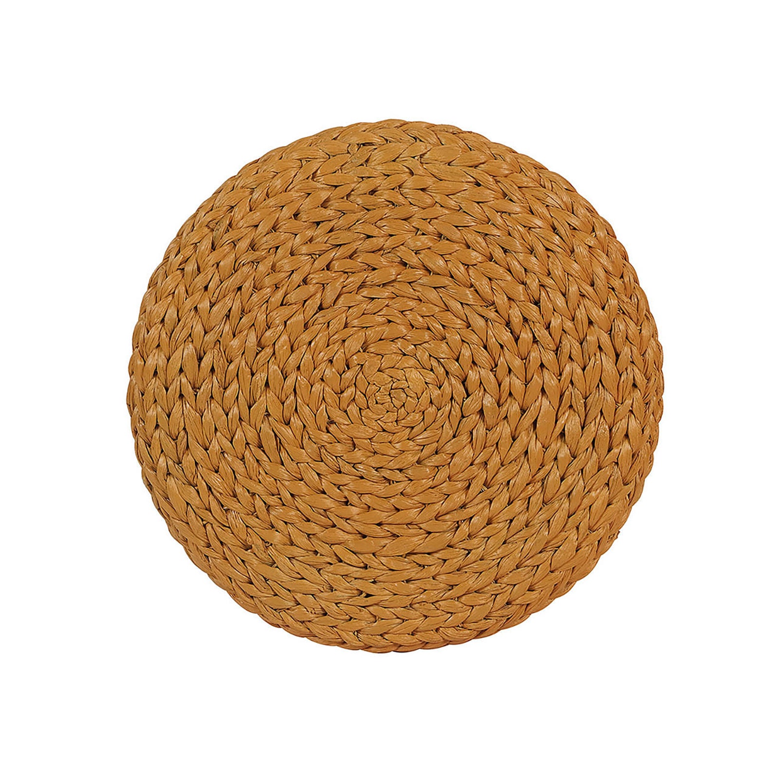 Carla 40cm Water Hyacinth Pouffe Ottoman - Honey, featuring a round, braided natural-fiber design, showcasing intricate weaving patterns, ideal for versatile use as a footrest, seat, or table.