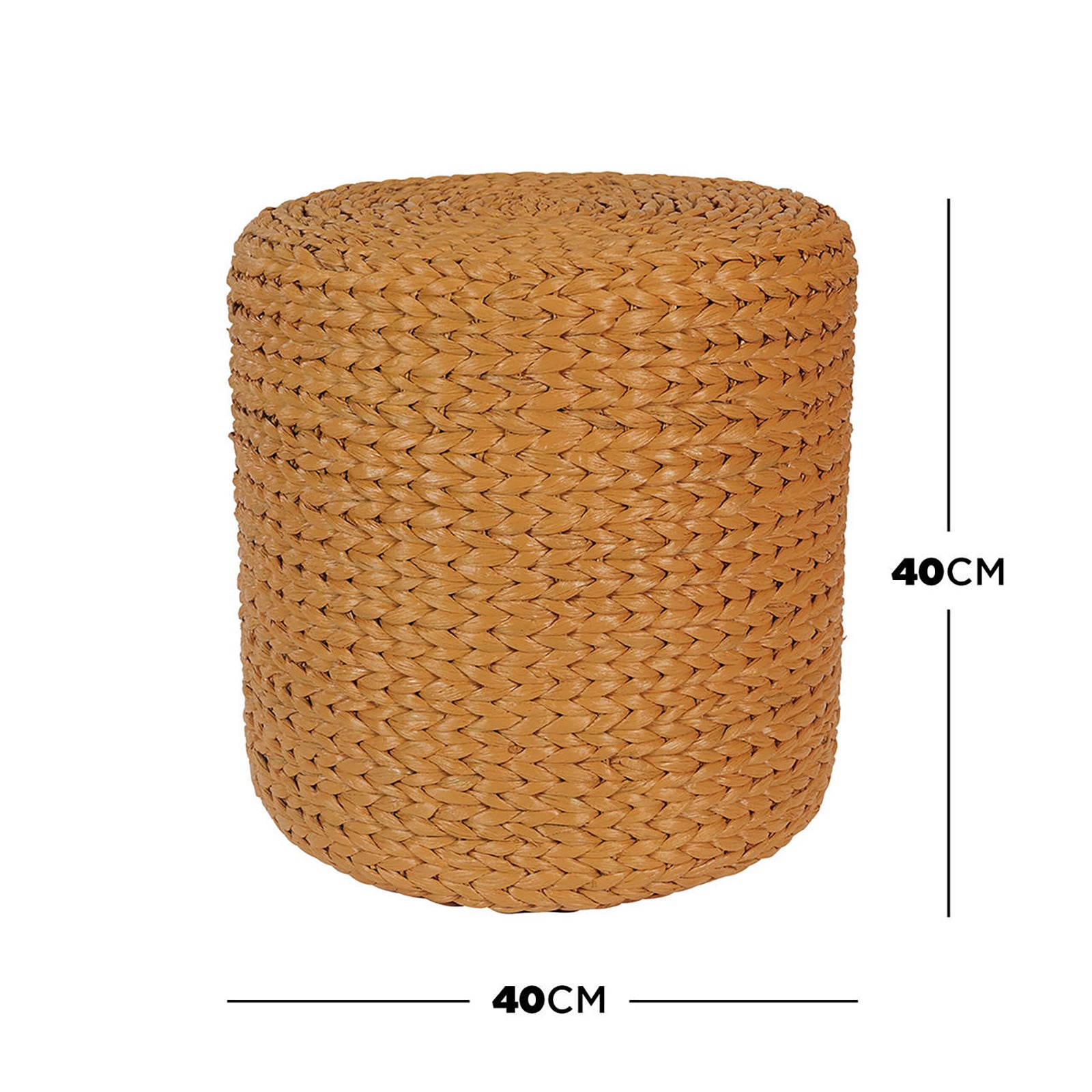 Carla 40cm Water Hyacinth Pouffe Ottoman - Honey, a small, cylindrical woven stool made of braided natural fibers, ideal for use as a footrest, extra seat, or decorative accent.