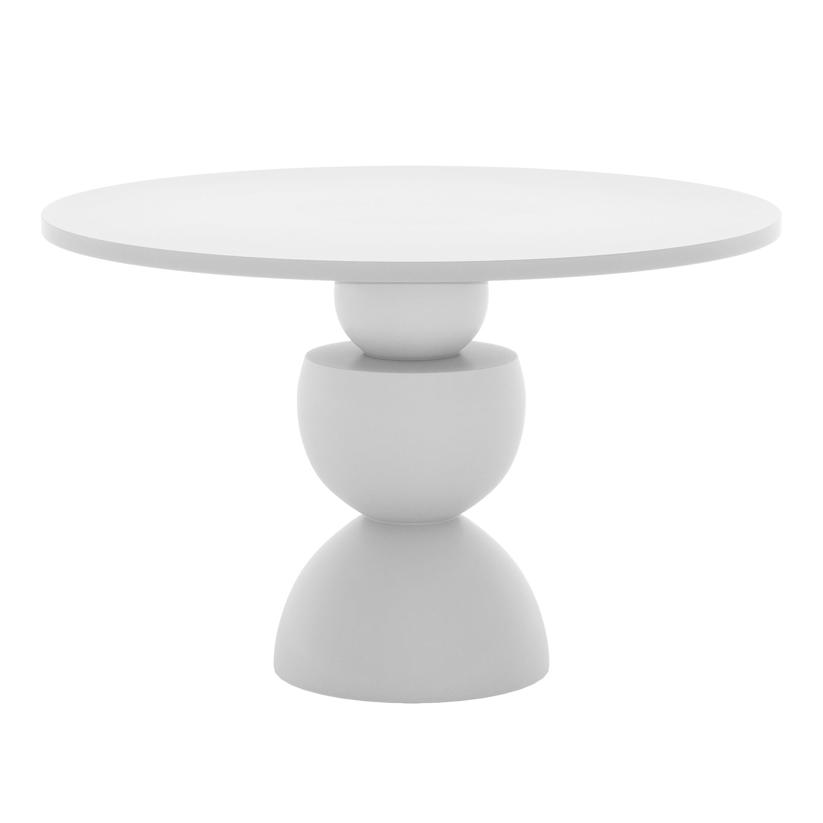 Carmen 120cm Indoor-Outdoor Concrete Dining Table - White features a smooth, round top resting on an artistic, curved pedestal base, ideal for stylish indoor or outdoor dining experiences.