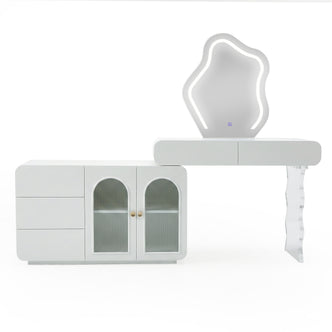 White modular vanity with drawers, cabinets, and irregular LED mirror on white background