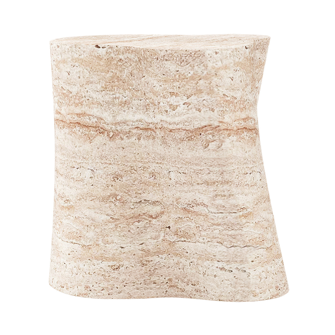 Cayton Concrete Indoor Side Table – Travertine, featuring a smooth, curved shape, mimics natural travertine stone. Its sleek design and stone-like finish add modern elegance to any indoor space.