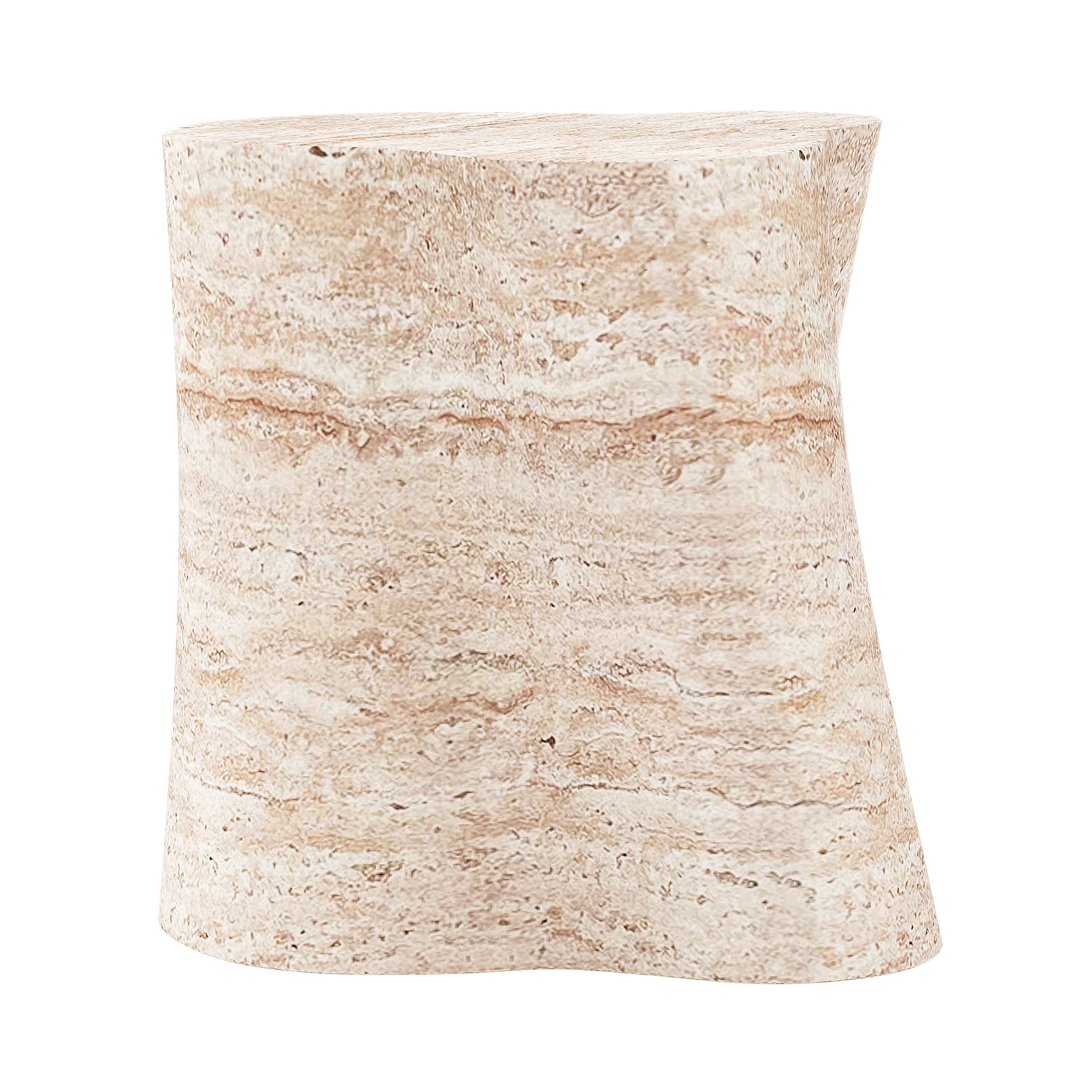 Cayton Concrete Indoor Side Table – Travertine, featuring a smooth, curved shape, mimics natural travertine stone. Its sleek design and stone-like finish add modern elegance to any indoor space.