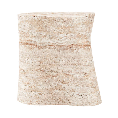 Cayton Concrete Indoor Side Table – Travertine, featuring a smooth, curved shape, mimics natural travertine stone. Its sleek design and stone-like finish add modern elegance to any indoor space.