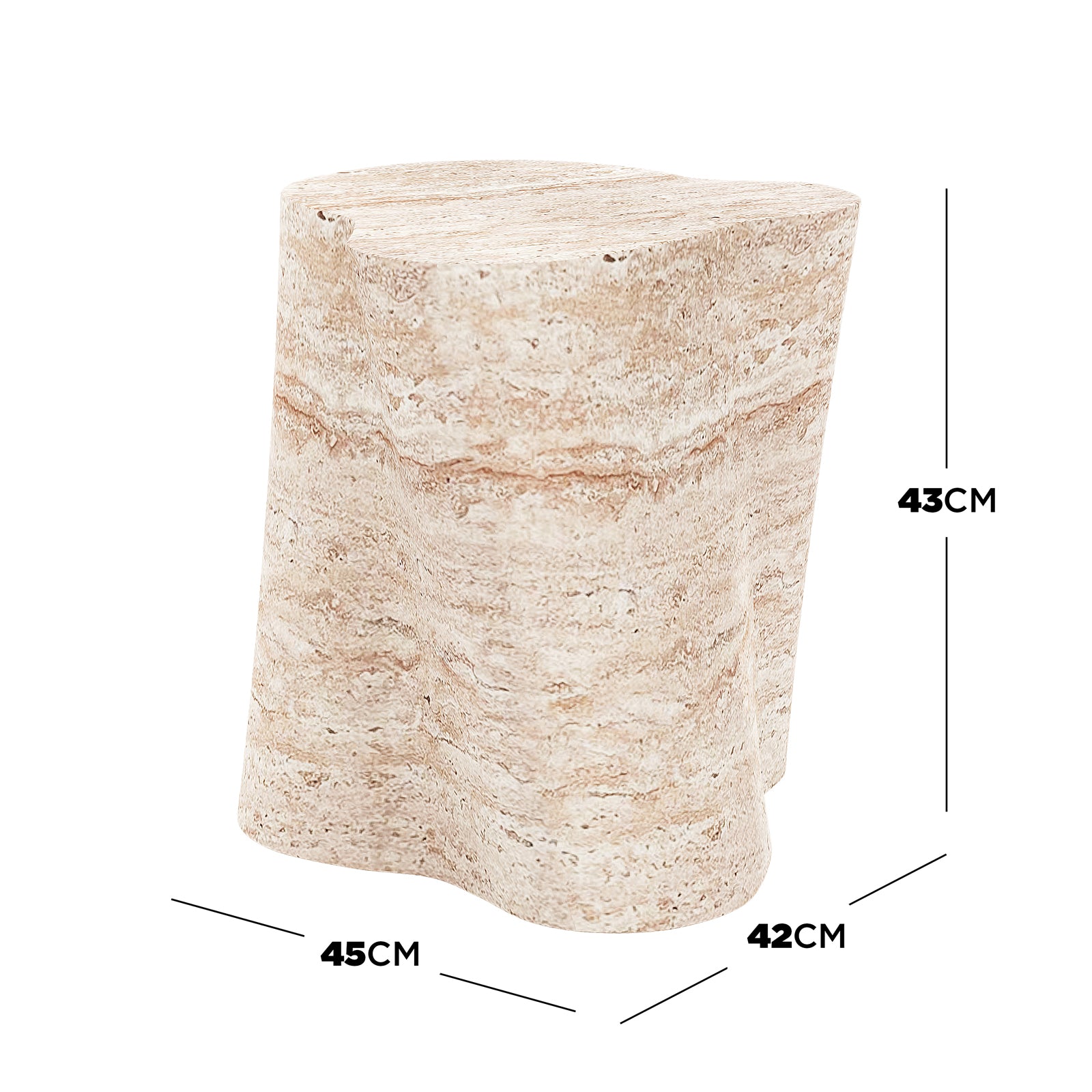 Close-up of the Cayton Concrete Indoor Side Table - Travertine, showcasing its smooth, curved stone-like finish, resembling natural travertine stone with a modern, sleek design.