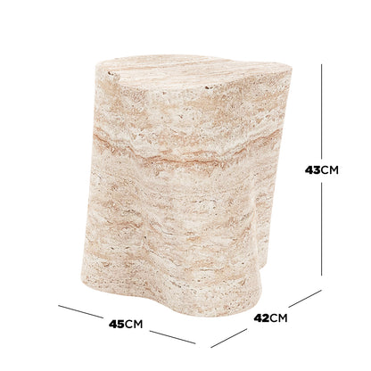 Close-up of the Cayton Concrete Indoor Side Table - Travertine, showcasing its smooth, curved stone-like finish, resembling natural travertine stone with a modern, sleek design.