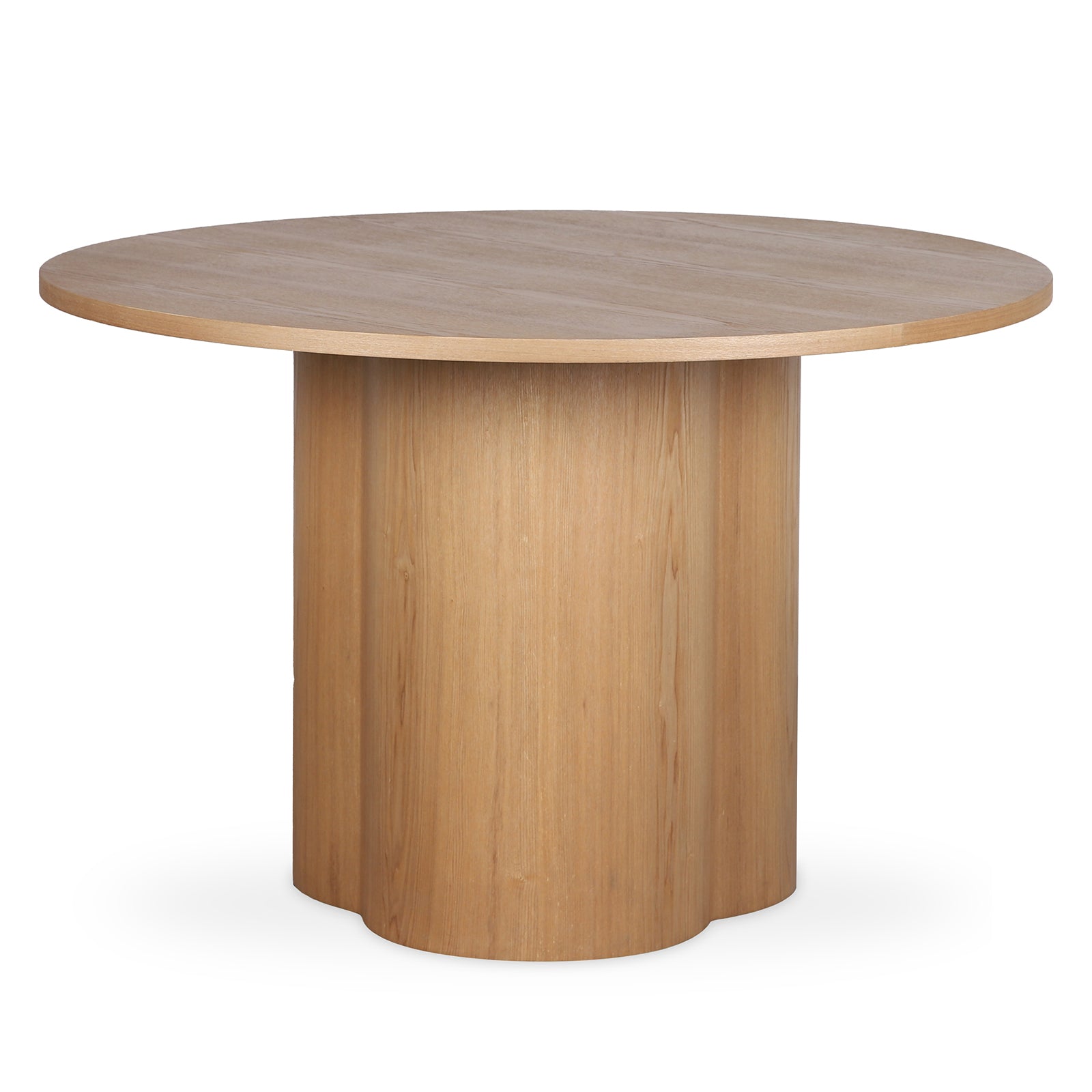 Cece 120cm Round Wooden Dining Table in Oak featuring a smooth, circular tabletop and solid cylindrical pedestal base, showcasing minimalist design with light natural wood and modern simplicity.