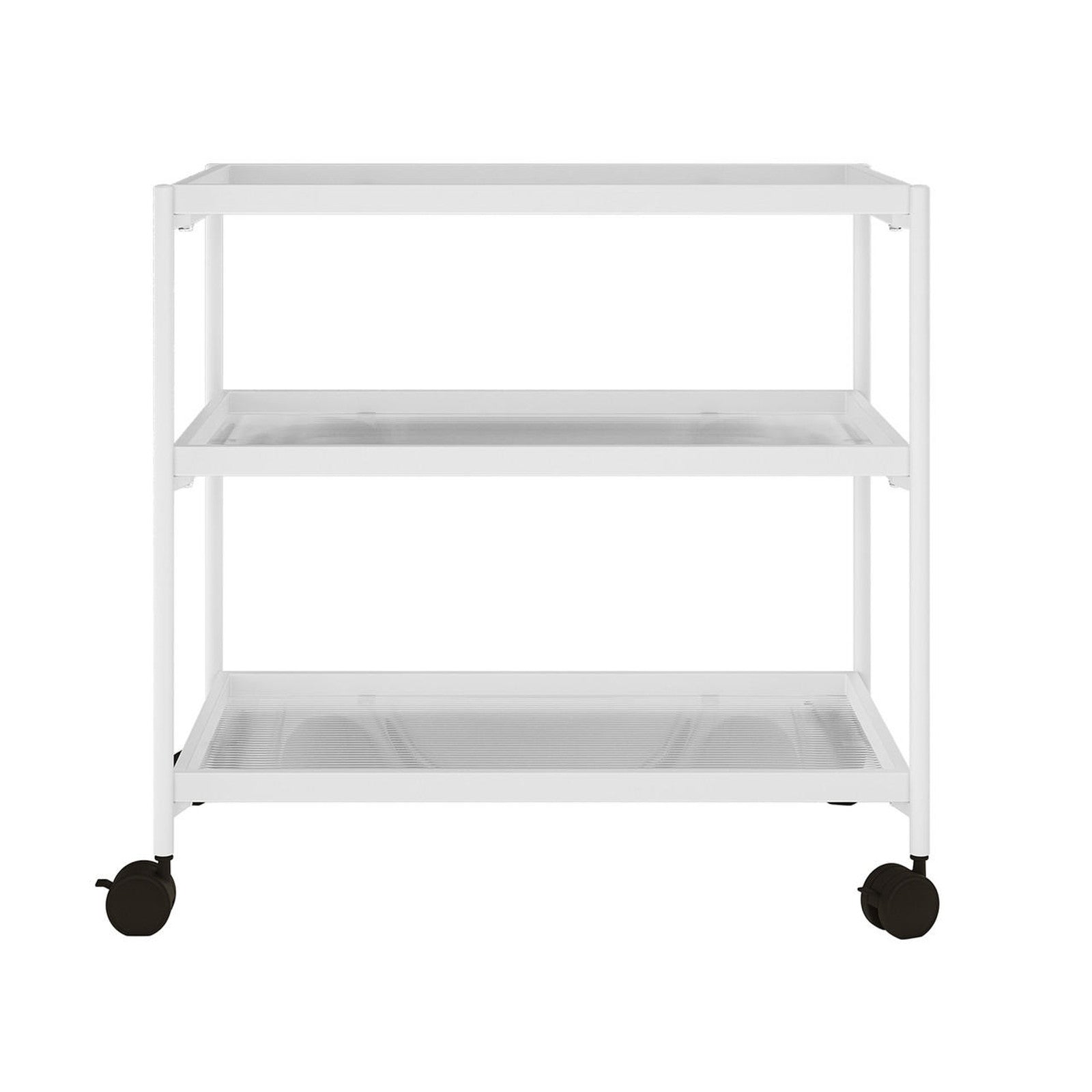 Chelsea 3-Tier Fluted Glass Drink Cart Bar Trolley in White features three-tier fluted glass shelves, sleek white metal frame, and four black caster wheels, including two lockable ones for stability.