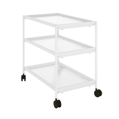 Chelsea 3-Tier Fluted Glass Drink Cart Bar Trolley in White, featuring a slim white metal frame, three fluted glass shelves, and four black caster wheels for easy mobility and stability.