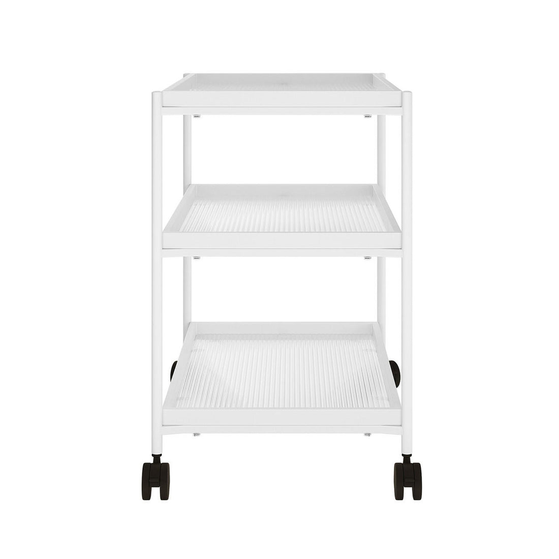 Chelsea 3-Tier Fluted Glass Drink Cart Bar Trolley in White, featuring three shallow tray-style shelves with fluted glass and raised edges, supported by a white metal frame on four black swivel wheels.