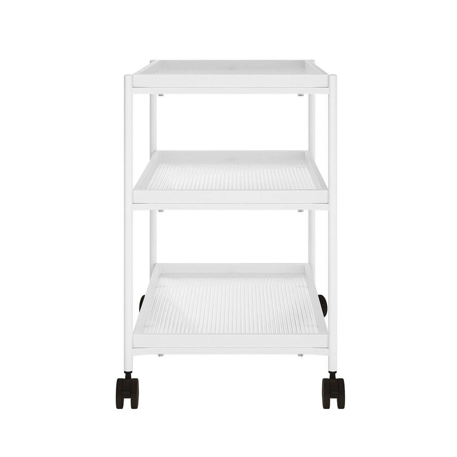 Chelsea 3-Tier Fluted Glass Drink Cart Bar Trolley in White, featuring three shallow tray-style shelves with fluted glass and raised edges, supported by a white metal frame on four black swivel wheels.
