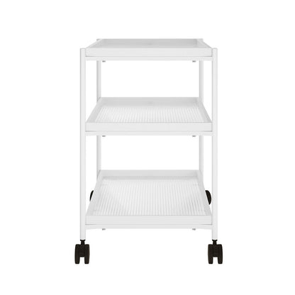 Chelsea 3-Tier Fluted Glass Drink Cart Bar Trolley in White, featuring three shallow tray-style shelves with fluted glass and raised edges, supported by a white metal frame on four black swivel wheels.