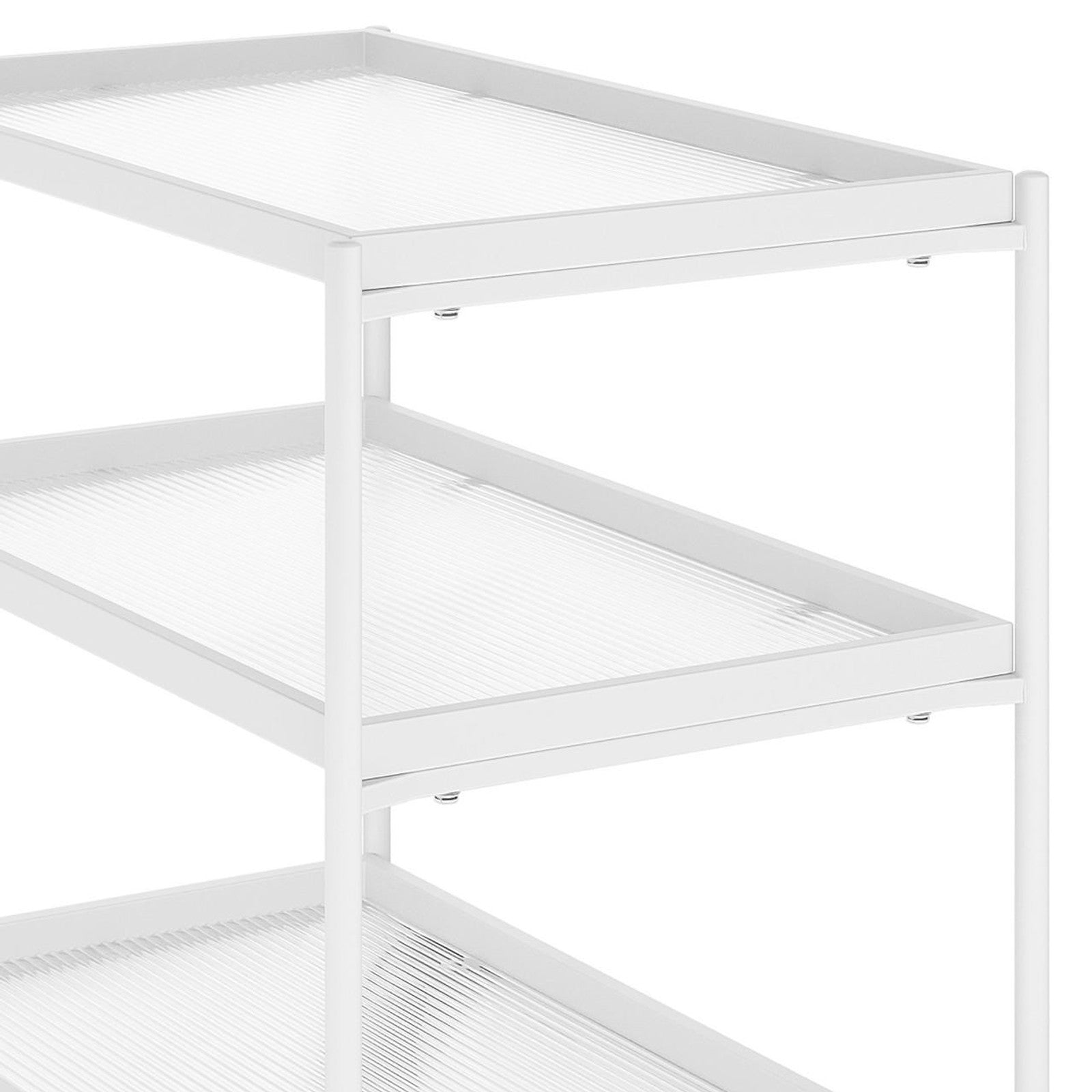 Chelsea 3-Tier Fluted Glass Drink Cart Bar Trolley in White showcases three fluted glass shelves with low lips, supported by white tubular posts. It features four wheels, providing mobility and stability.
