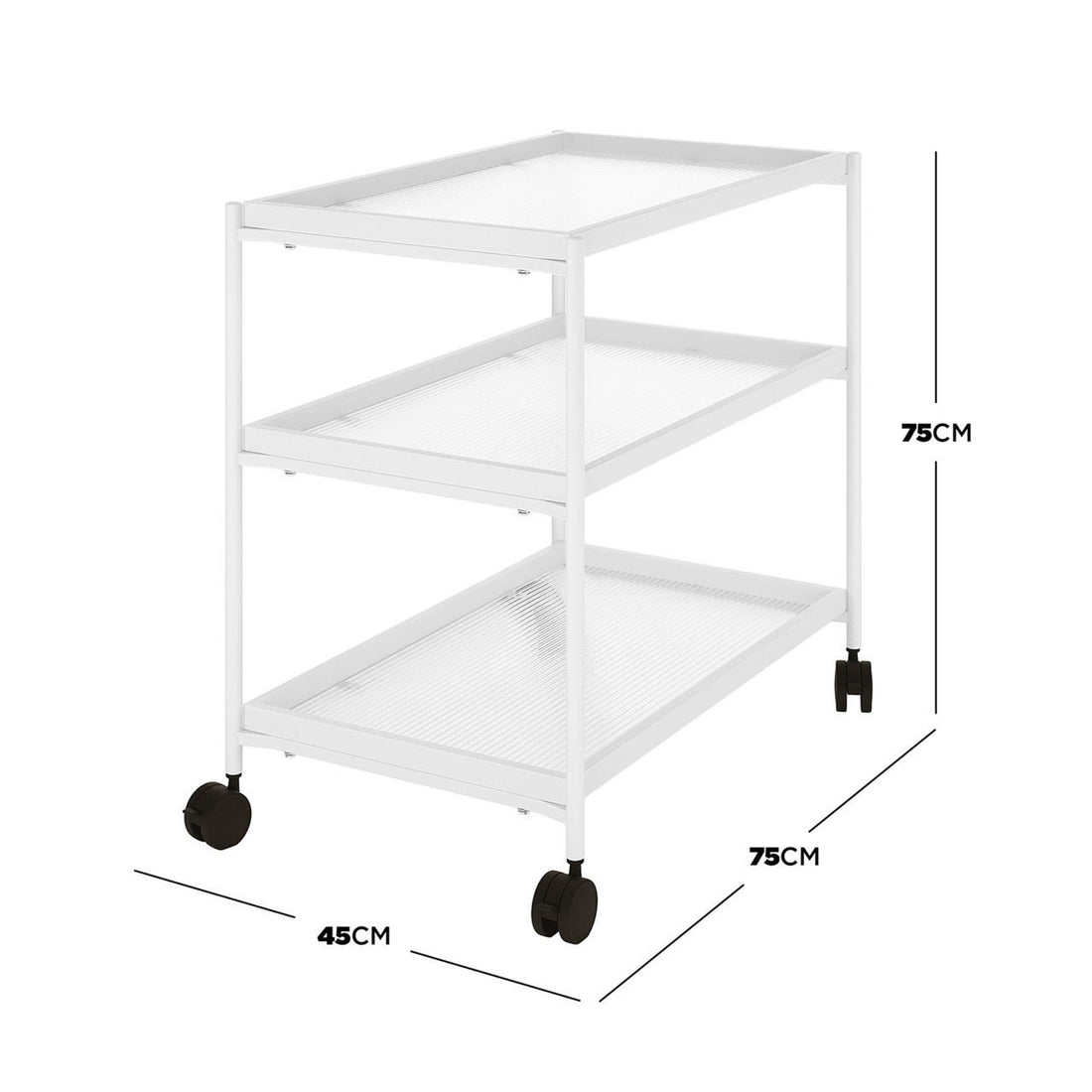 Chelsea 3-Tier Fluted Glass Drink Cart Bar Trolley in White, featuring three shallow tray-style metal shelves with raised edges, swivel wheels, and compact dimensions of 45 cm wide × 75 cm deep × 75 cm high.