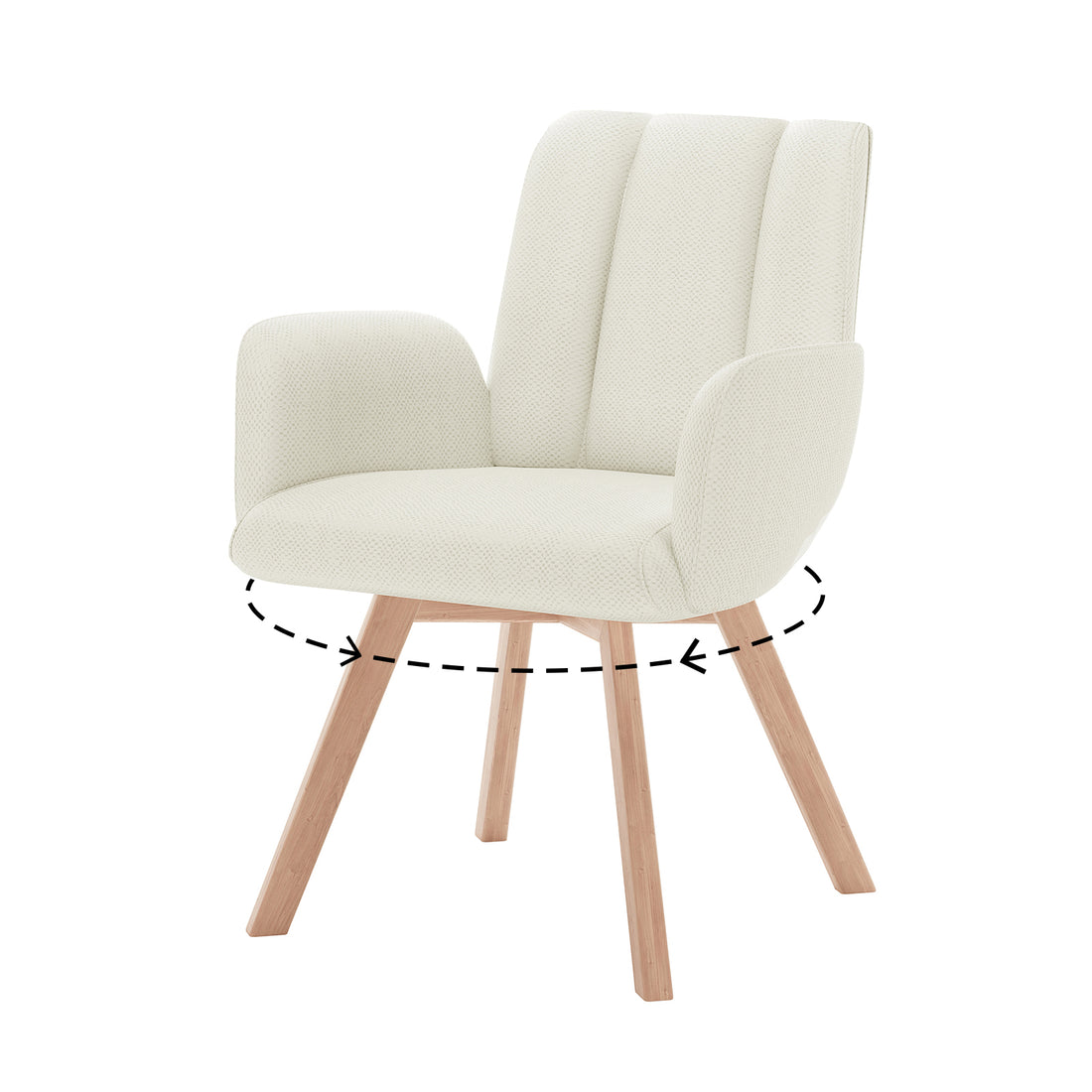 Clara Chenille Swivel Dining Chairs Set of 2 in Off White, featuring a modern padded armchair with a contoured backrest, small armrests, and natural-wood legs, highlighted by a swiveling seat.