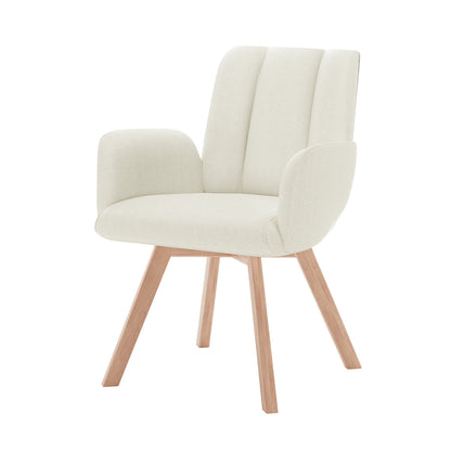 Clara Chenille Swivel Dining Chair Set of 2 - Off White features a white chair with wooden legs, padded armrests, and a 360° swivel function, combining comfort and midcentury style.