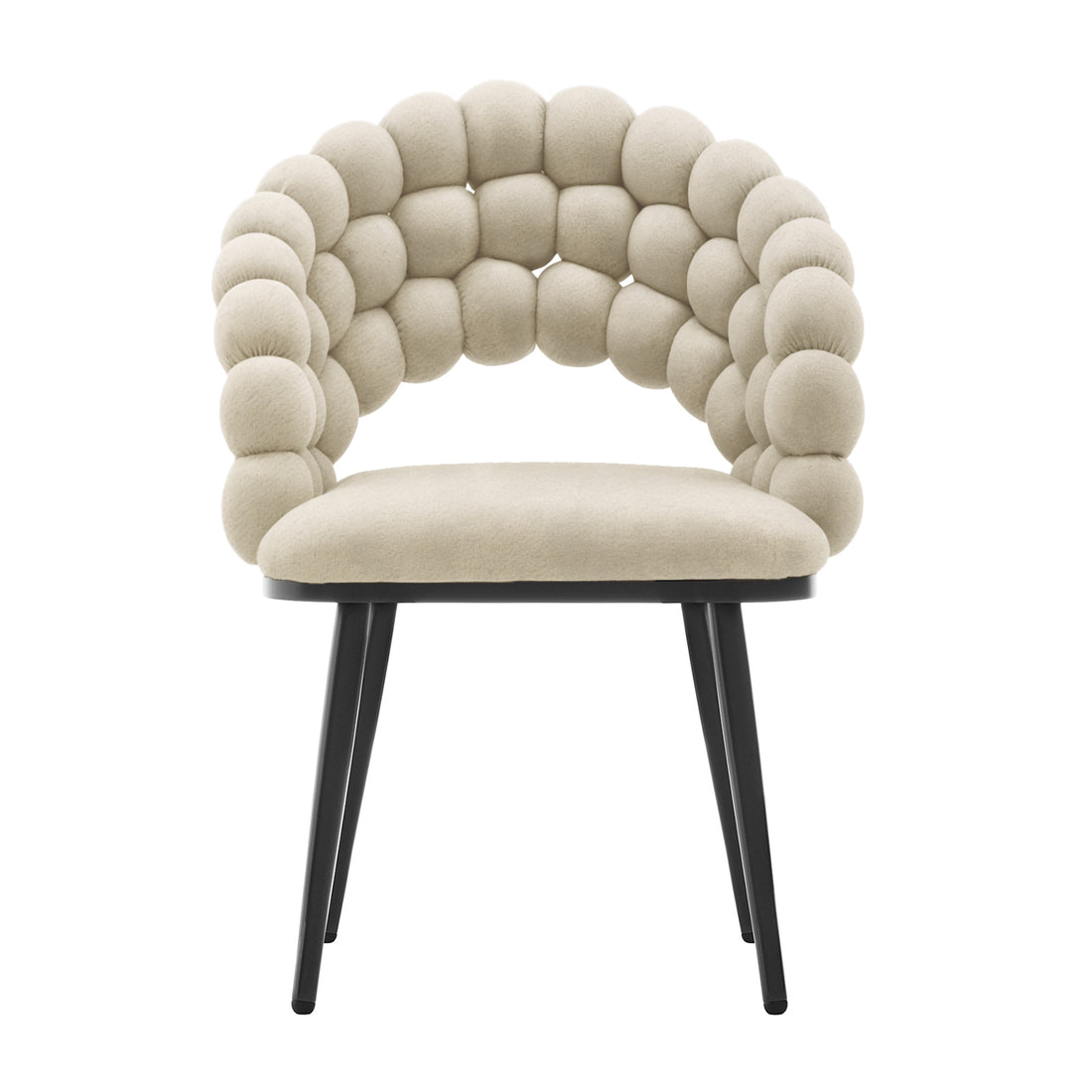 Claudine Velvet Curved Dining Chair Set of 2 in Oatmeal features a sculptural padded back with round pods, a flat upholstered seat, and slender black legs, offering modern elegance and comfort.