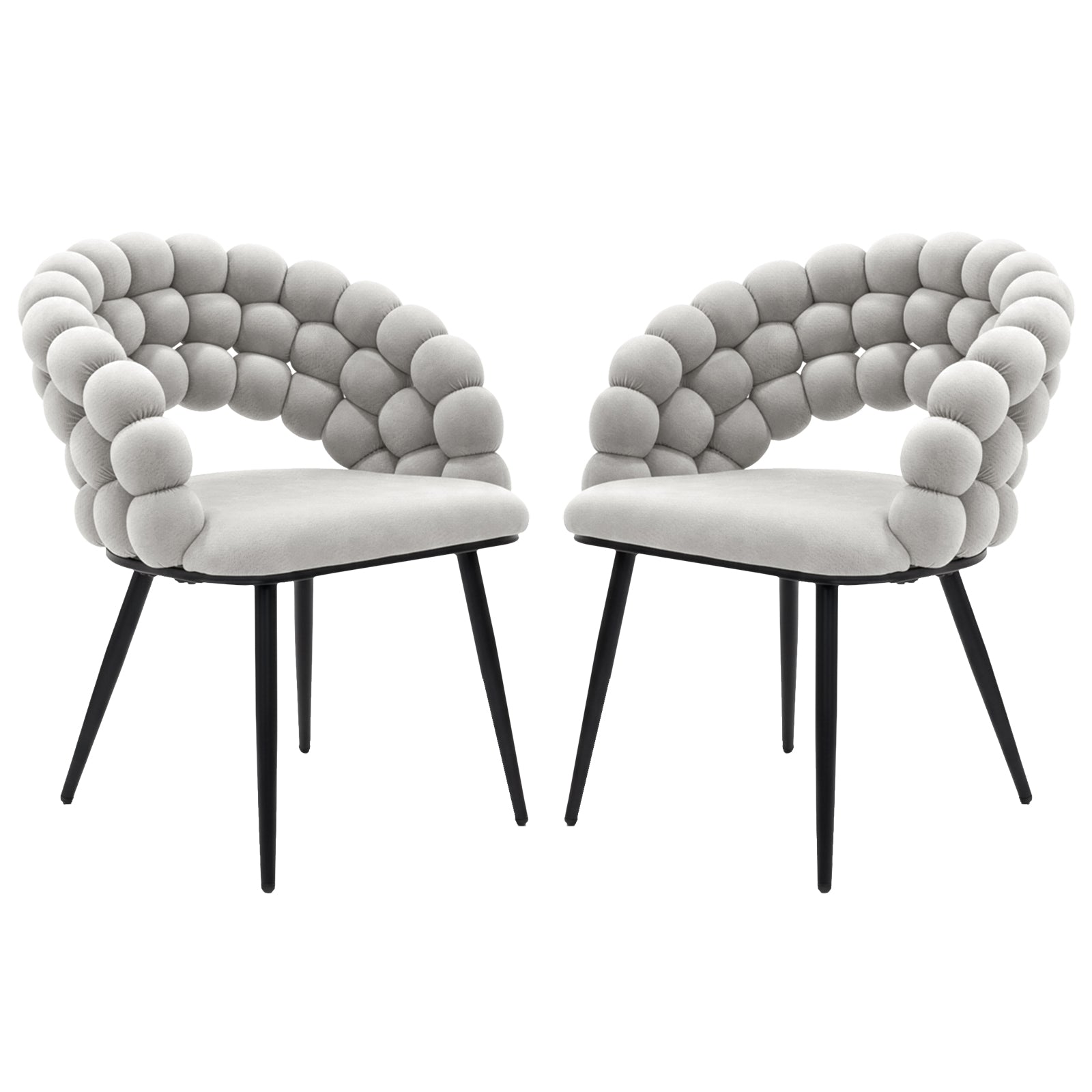 Claudine Velvet Curved Dining Chair Set of 2 in Warm Grey features light-gray upholstered seats with distinctive rounded bubble backrests on slim black metal legs, offering modern elegance and comfort.