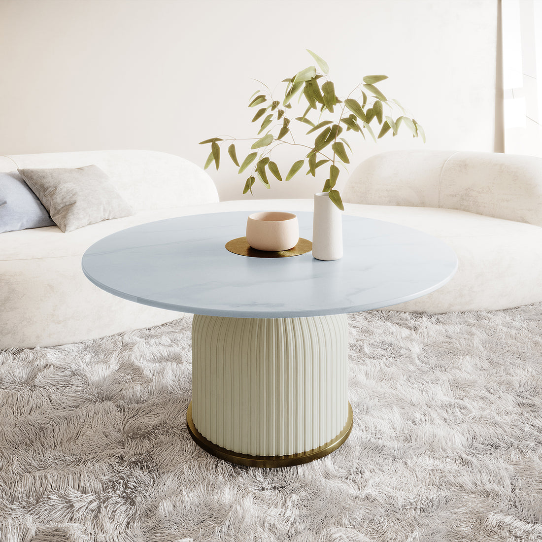 Combee 80cm Sintered Stone Coffee Table Cream White, showcasing a smooth top and microfiber leather base, positioned next to a plant on a table, emphasizing its versatile and elegant design.