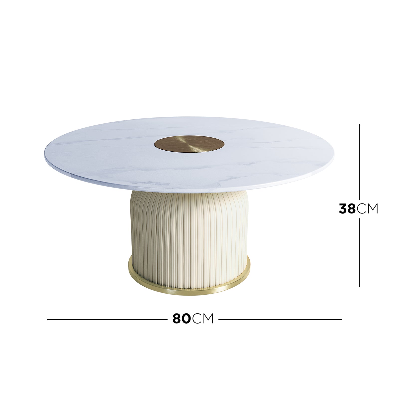 Combee 80cm Sintered Stone Coffee Table Cream White with smooth sintered stone top, circular gold accent, and microfiber leather base, showcasing its elegant, versatile design for various interior styles.