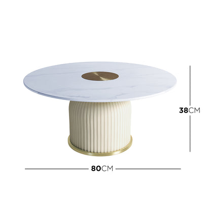 Combee 80cm Sintered Stone Coffee Table Cream White with smooth sintered stone top, circular gold accent, and microfiber leather base, showcasing its elegant, versatile design for various interior styles.
