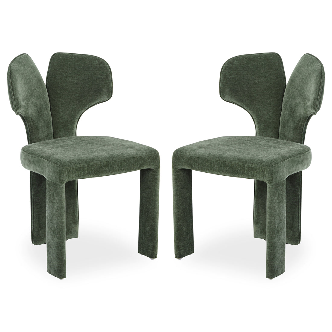 Two green upholstered chairs on white background