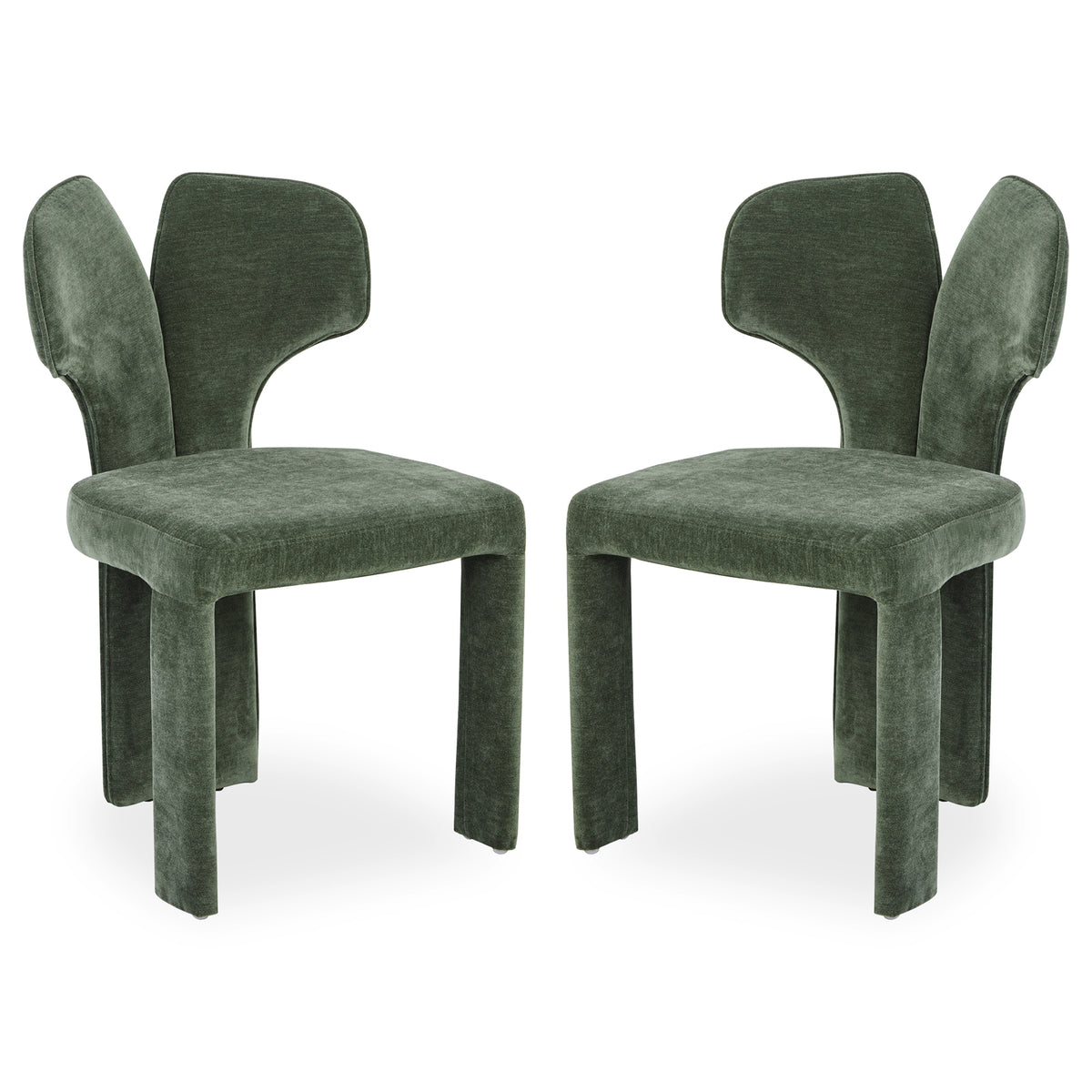 Two green upholstered chairs on white background