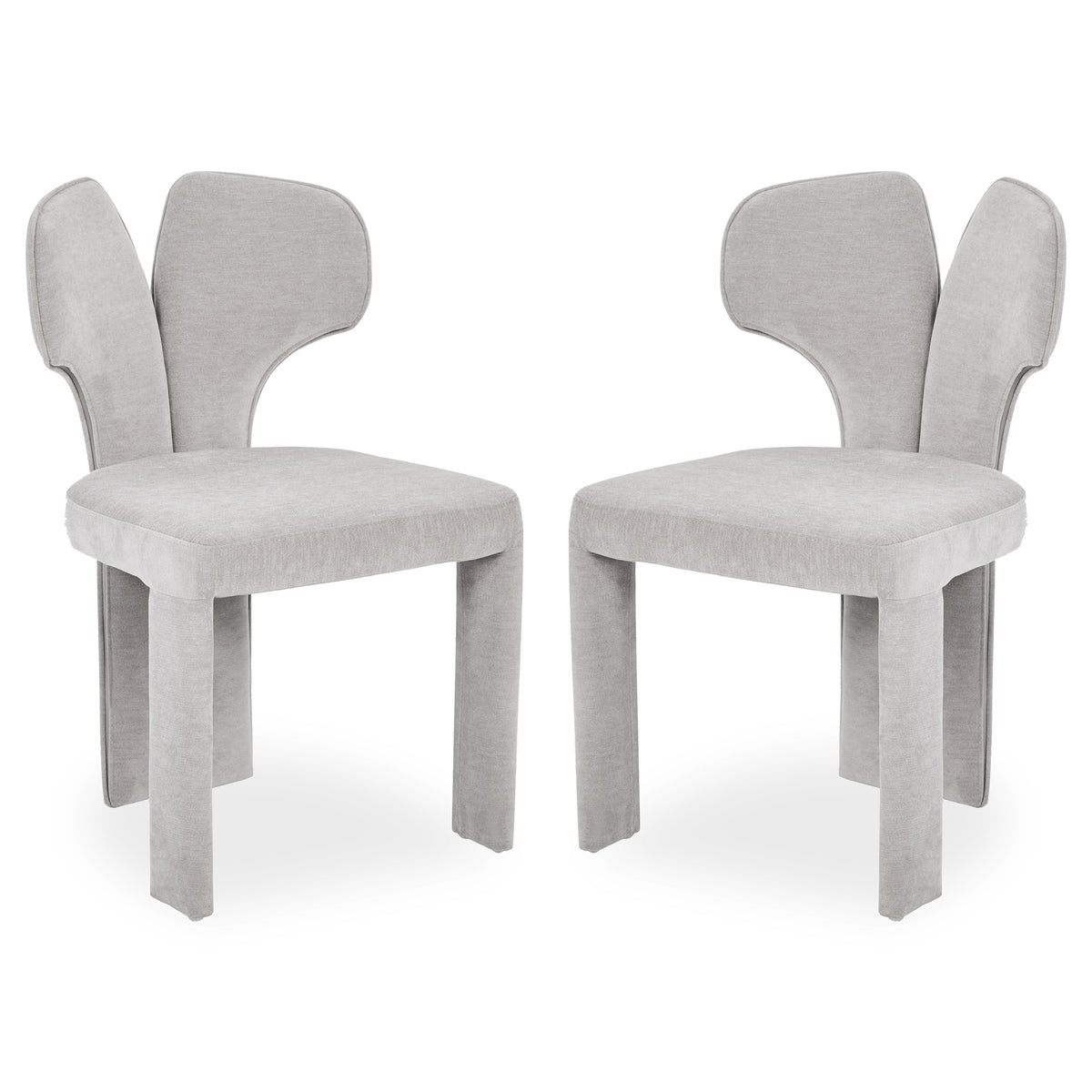 Two light gray modern chairs with butterfly-shaped backrests on white background