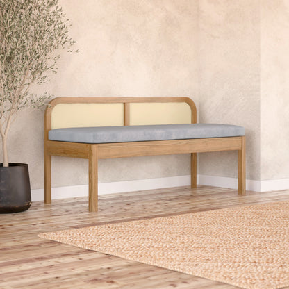 Dana 120cm Solid Oak Hardwood Bench with Backrest, showcasing sturdy construction and natural oak finish. Features include solid oak material, rattan backrest, comfortable fabric seat, and anti-slip pads.