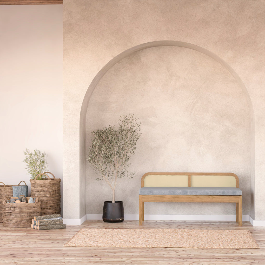 Dana 120cm Solid Oak Hardwood Bench - Natural features a solid oak frame with a natural rattan backrest and a fabric seat, offering comfort and style for any interior space.