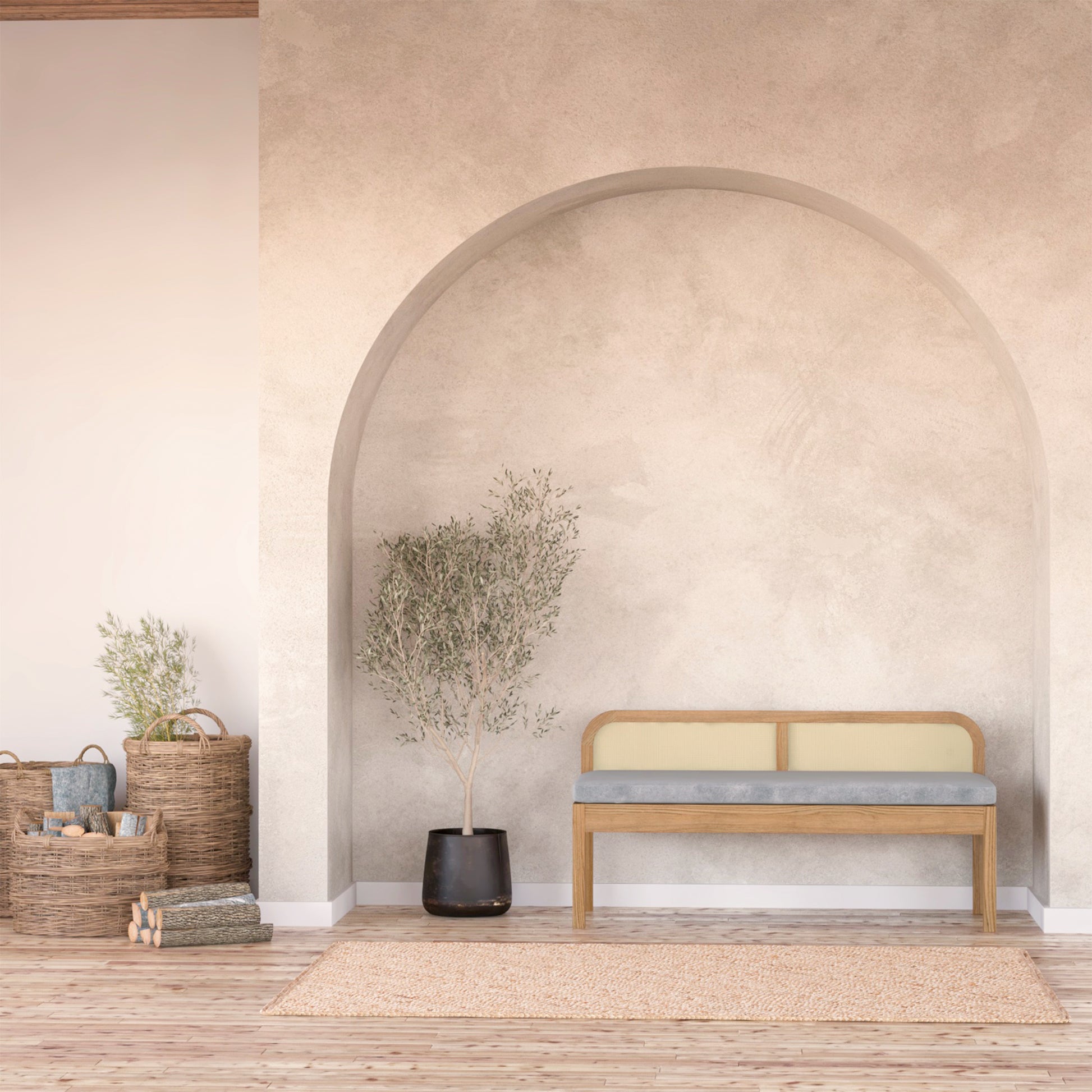 Dana 120cm Solid Oak Hardwood Bench - Natural features a solid oak frame with a natural rattan backrest and a fabric seat, offering comfort and style for any interior space.