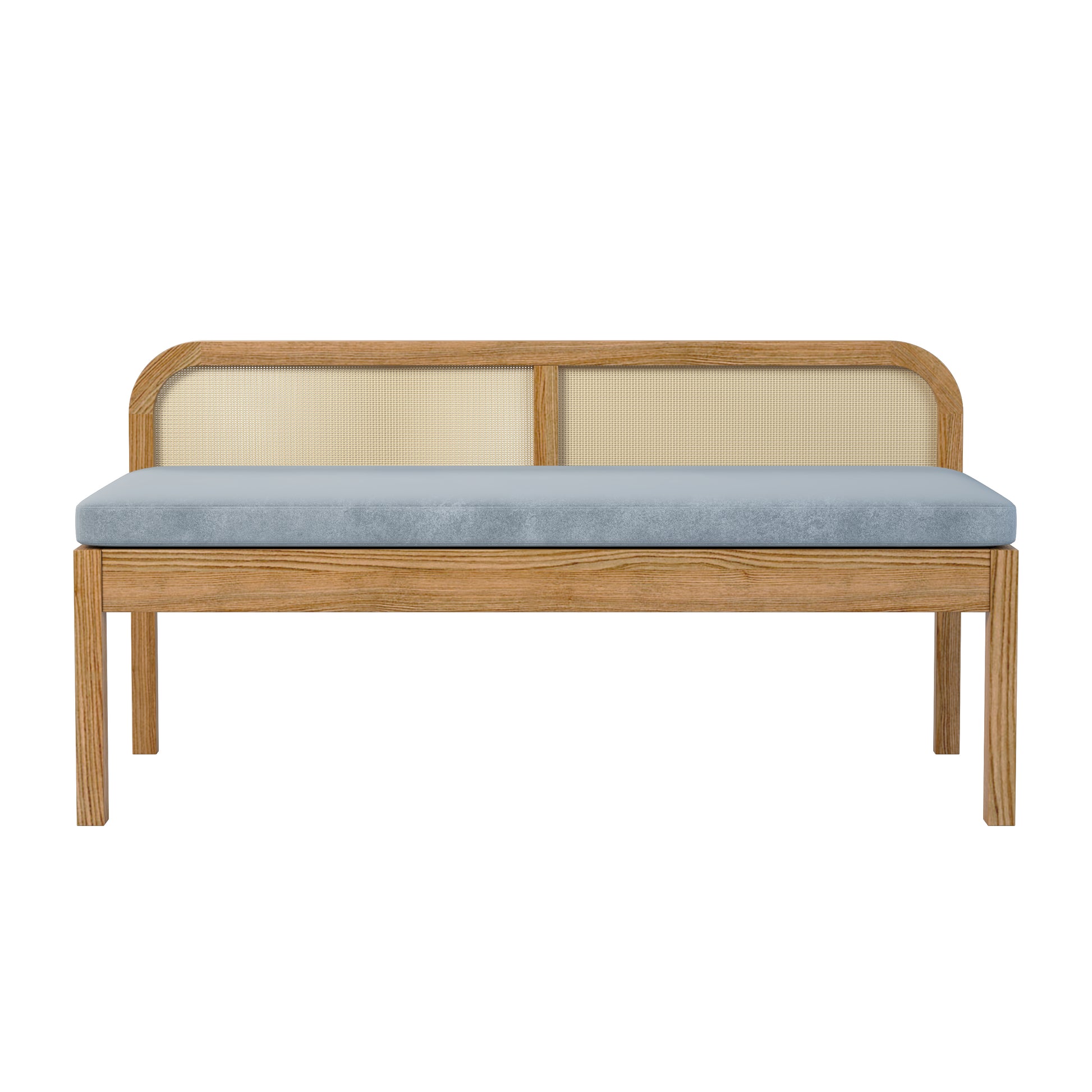 Dana 120cm Solid Oak Hardwood Bench features a natural oak finish with a rattan backrest, cushioned seat, and anti-slip pads. Designed for elegance and comfort in various home settings.