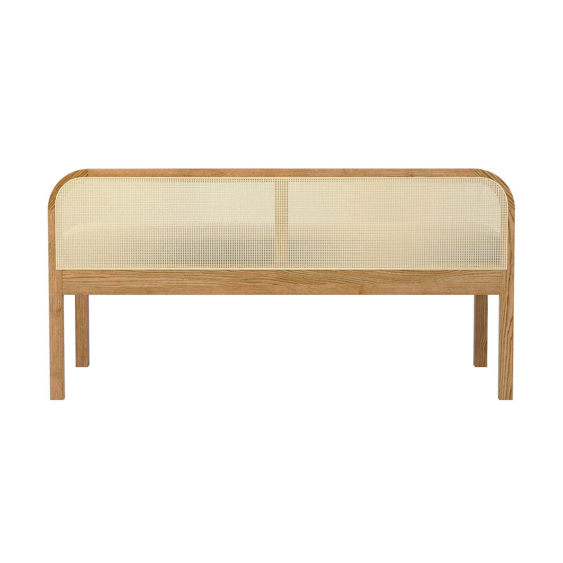 Dana 120cm Solid Oak Hardwood Bench - Natural features a sturdy oak frame with a woven rattan backrest and a cushioned seat, offering a blend of elegance and comfort for any room.