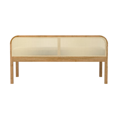 Dana 120cm Solid Oak Hardwood Bench - Natural features a sturdy oak frame with a woven rattan backrest and a cushioned seat, offering a blend of elegance and comfort for any room.