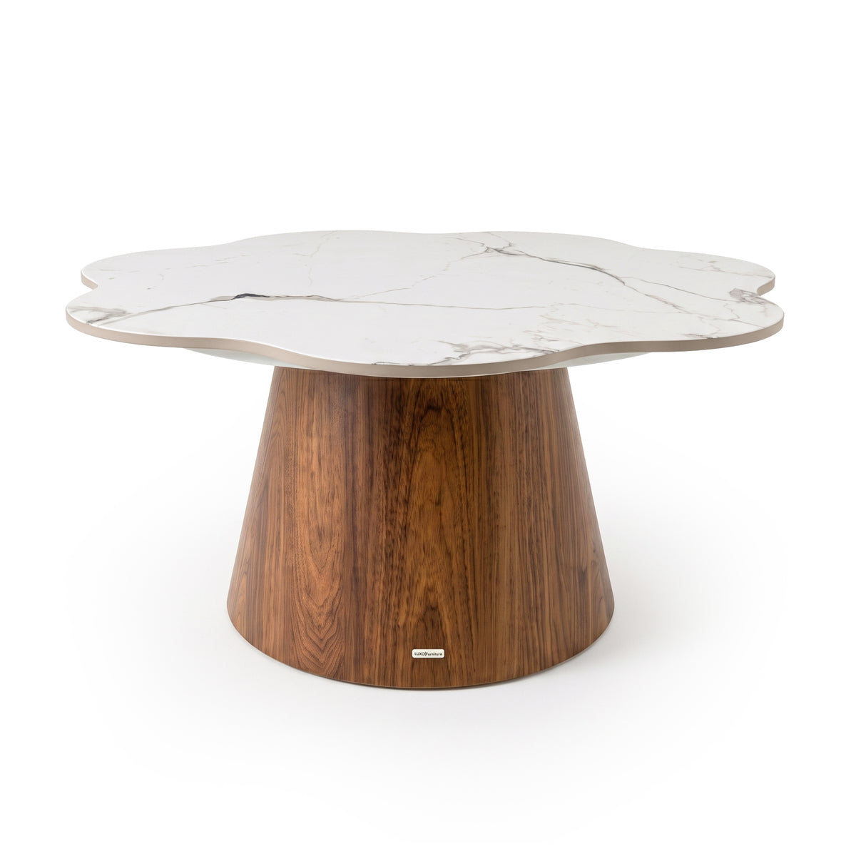 Round coffee table with white marble top and wood base on a white background