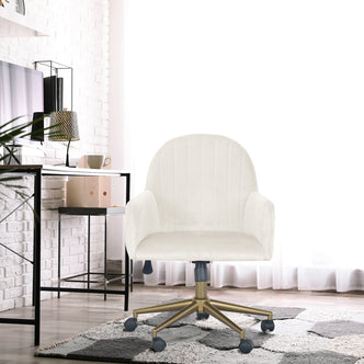 Darren Velvet Swivel Office Chair – White, features plush velvet upholstery, ergonomic design, gold chrome base, and castor wheels, showcasing luxury and functionality. Ideal for home office or study.