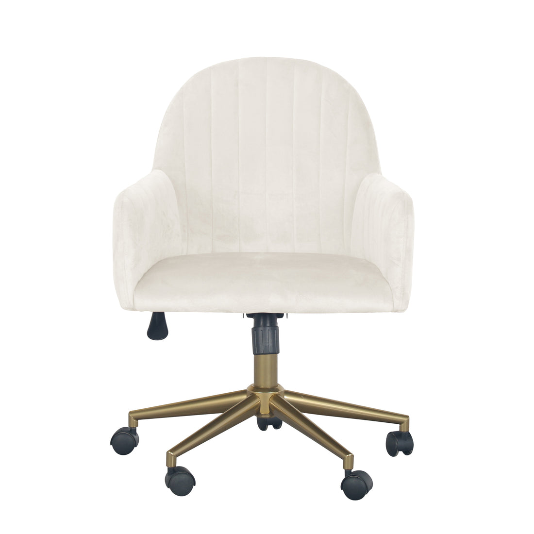 Darren Velvet Swivel Office Chair – White featuring plush velvet upholstery, ergonomic padded seat, and gold metal chrome base with smooth-rolling wheels, offering a sleek design and seamless mobility.