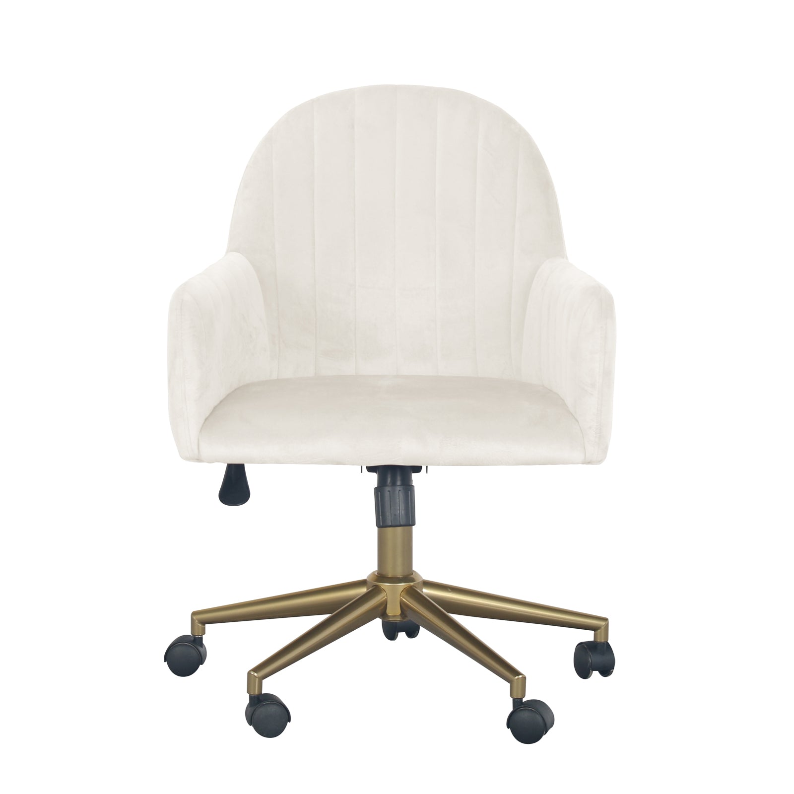 Darren Velvet Swivel Office Chair – White featuring plush velvet upholstery, ergonomic padded seat, and gold metal chrome base with smooth-rolling wheels, offering a sleek design and seamless mobility.