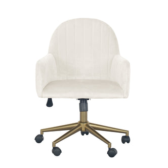 Darren Velvet Swivel Office Chair – White featuring plush velvet upholstery, ergonomic padded seat, and gold metal chrome base with smooth-rolling wheels, offering a sleek design and seamless mobility.