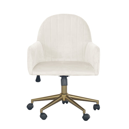 Darren Velvet Swivel Office Chair – White featuring plush velvet upholstery, ergonomic padded seat, and gold metal chrome base with smooth-rolling wheels, offering a sleek design and seamless mobility.