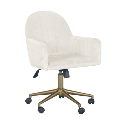 Close-up of wheels on the Darren Velvet Swivel Office Chair – White, highlighting the sturdy gold metal chrome base and smooth-rolling castor wheels for seamless mobility and stability.