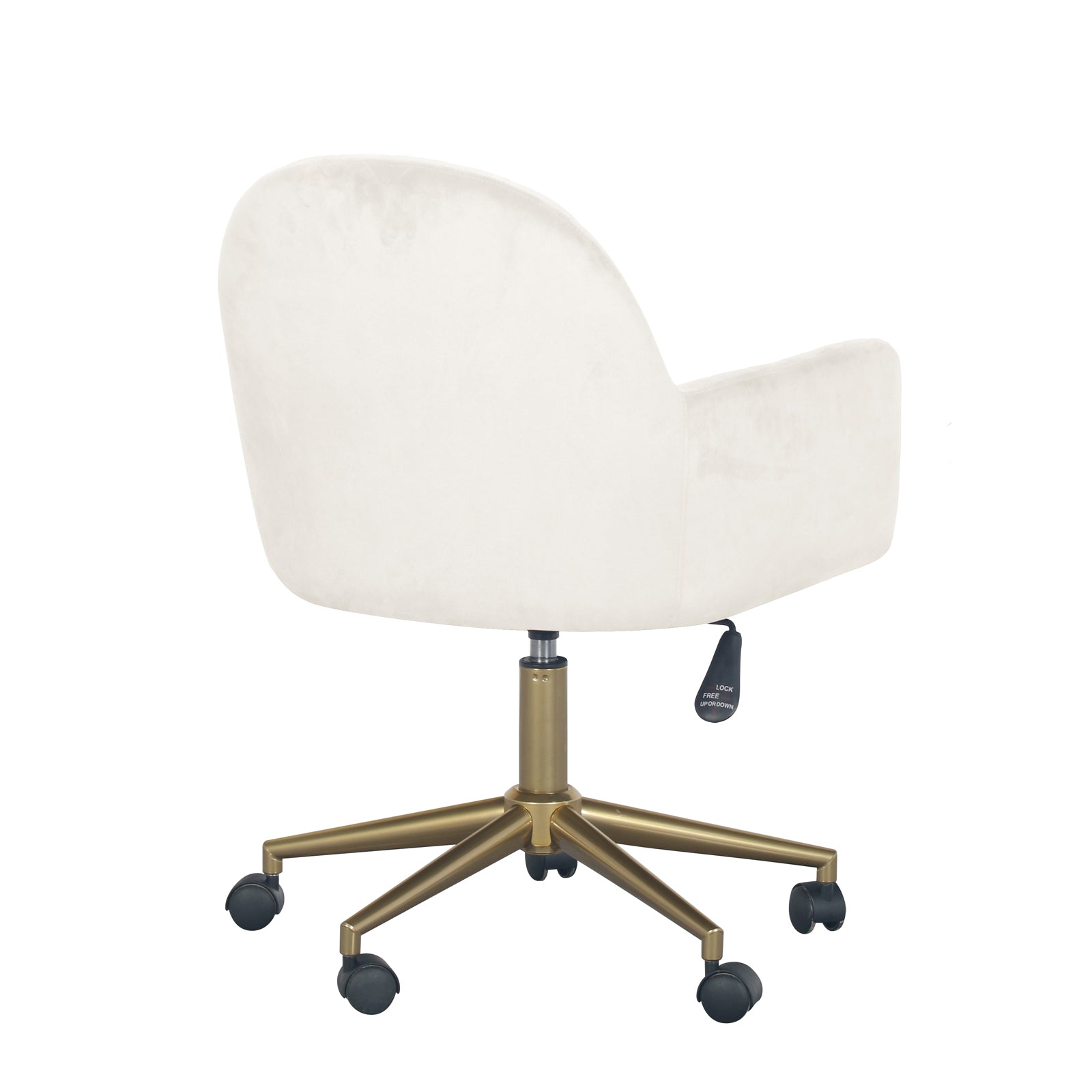 Close-up of the Darren Velvet Swivel Office Chair – White, highlighting its plush velvet upholstery, ergonomic design, and gold metal chrome base with smooth-rolling castor wheels for enhanced mobility.