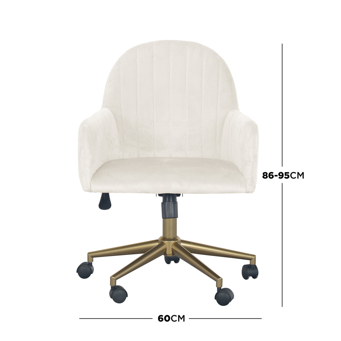 Close-up of the Darren Adjustable Velvet Swivel Office Chair's wheel, showcasing its smooth-rolling castor design, part of the chair's gold metal chrome base for seamless mobility and stability.
