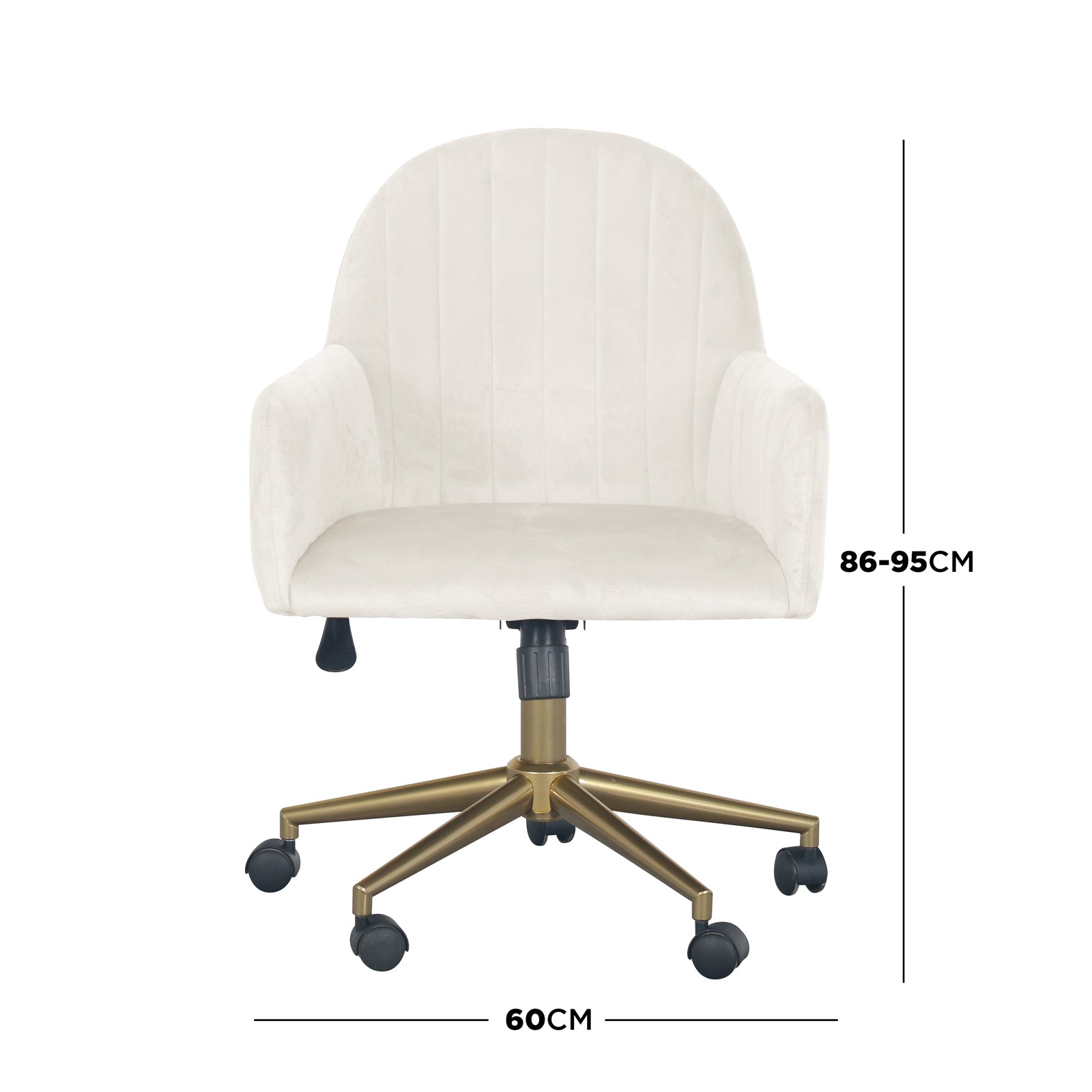 Close-up of the Darren Adjustable Velvet Swivel Office Chair's wheel, showcasing its smooth-rolling castor design, part of the chair's gold metal chrome base for seamless mobility and stability.