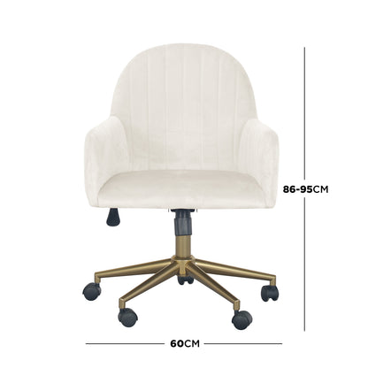 Close-up of the Darren Adjustable Velvet Swivel Office Chair's wheel, showcasing its smooth-rolling castor design, part of the chair's gold metal chrome base for seamless mobility and stability.